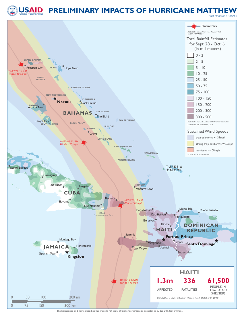 Map: Preliminary Impacts of Hurricane Matthew, October 9, 2016