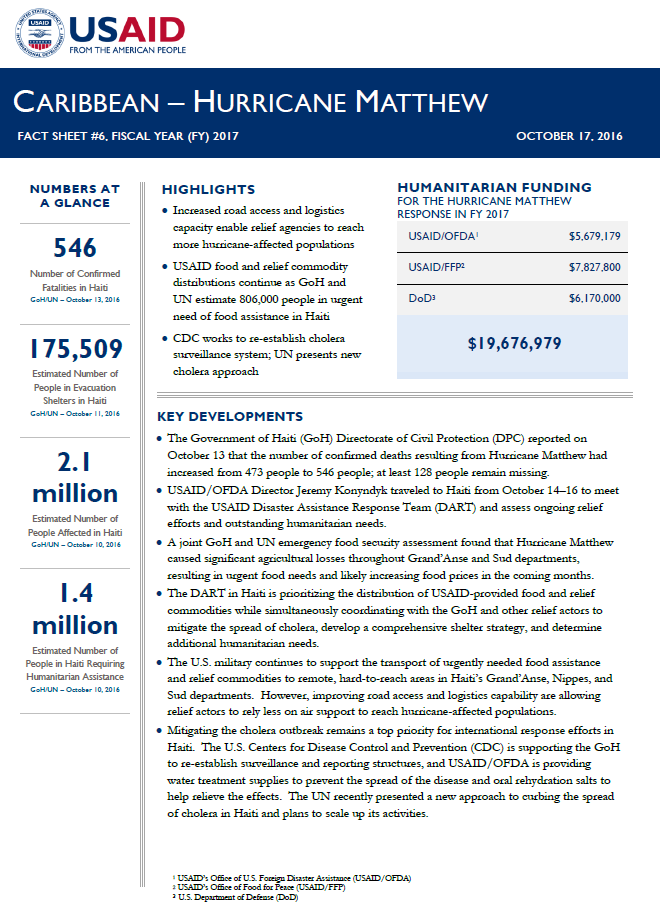 Caribbean Hurricane Matthew Fact Sheet #6 - October 17, 2016