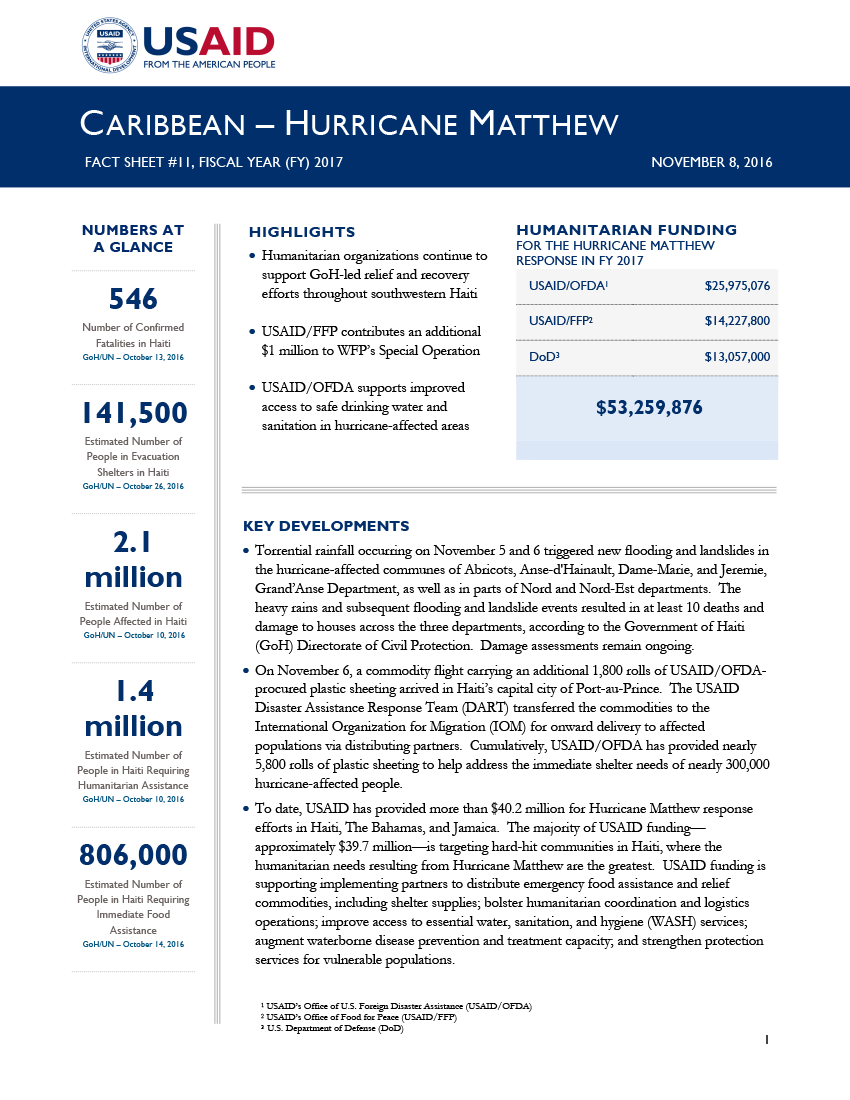 Caribbean Hurricane Matthew Fact Sheet #11 - November 8, 2016