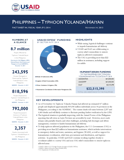 Typhoon Haiyan / Yolanda Fact Sheet #4 - 11/14/2013 - Click to view PDF