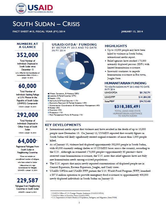 South Sudan Crisis Fact Sheet #15 January 13, 2014