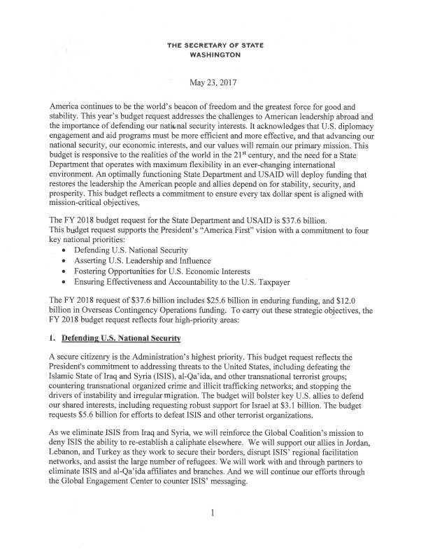 FY 2018 Congressional Budget Justification - Secretary's Letter 