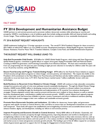 FY 2016 Development and Humanitarian Assistance Budget Fact Sheet