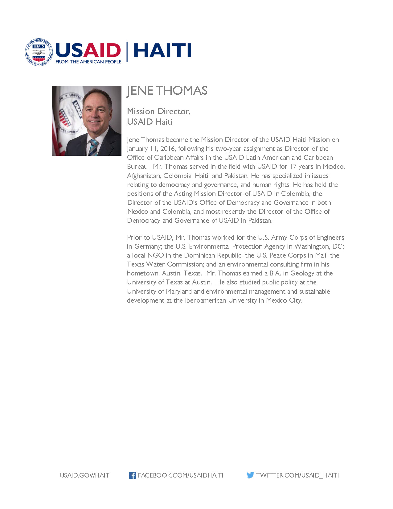 USAID Haiti Mission Director Jene Thomas Biography