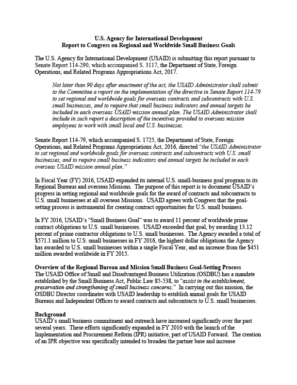 Report to Congress on Regional and Worldwide Small Business Goals, FY2016