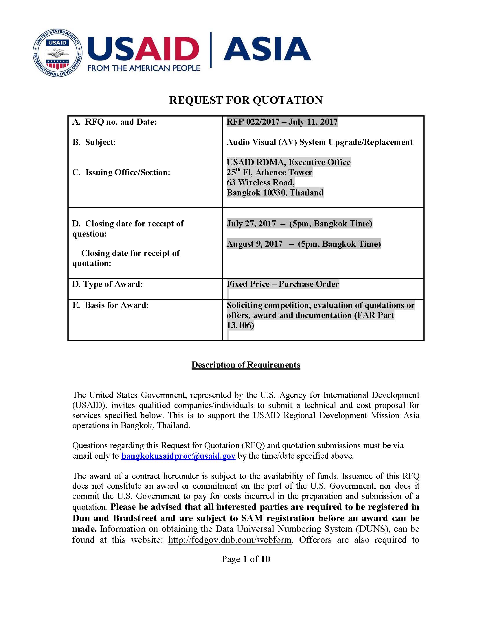 RFP 022/2017 Audio Visual (AV) System Upgrade/Replacement