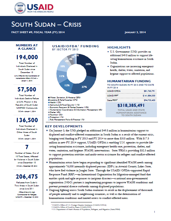 South Sudan Crisis Fact Sheet #9 January 3, 2014