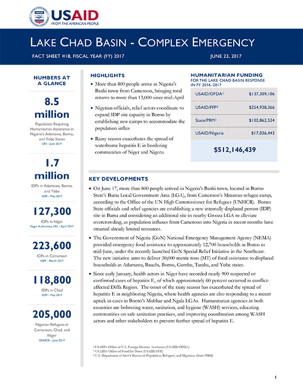 Lake Chad Basin Complex Emergency Fact Sheet #18 - 06-23-2017