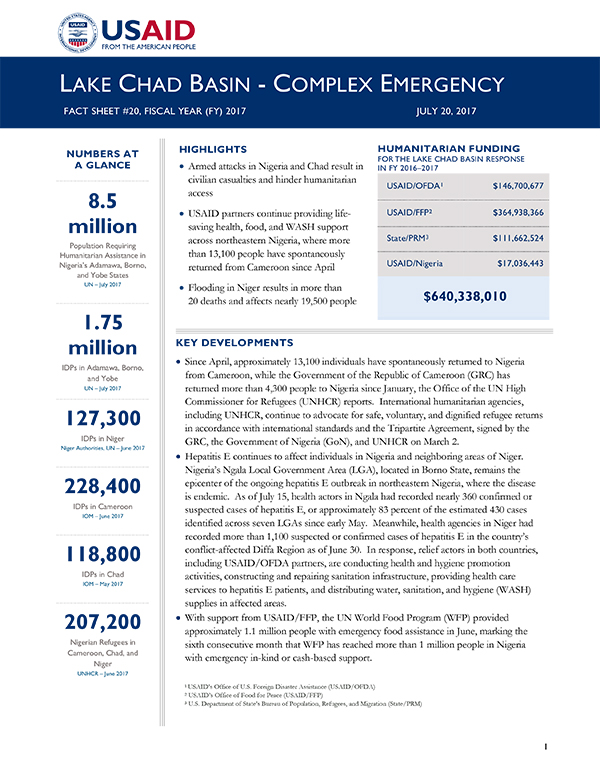 Lake Chad Basin Complex Emergency Fact Sheet #20 - 07-20-2017