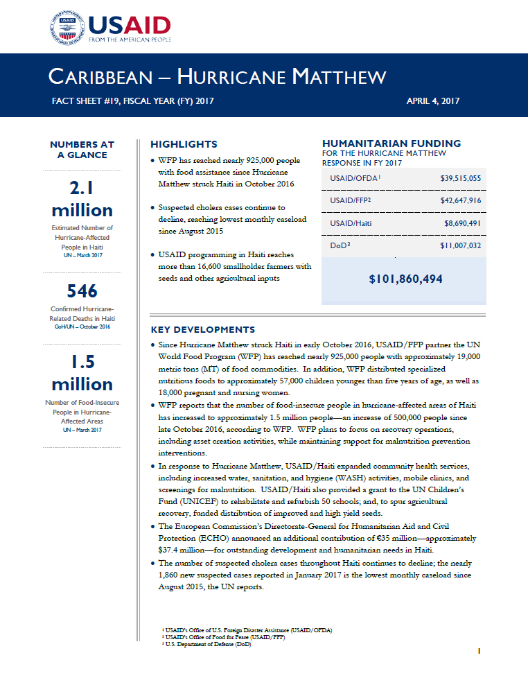 Caribbean Hurricane Matthew - Fact Sheet #19 April 04, 2017