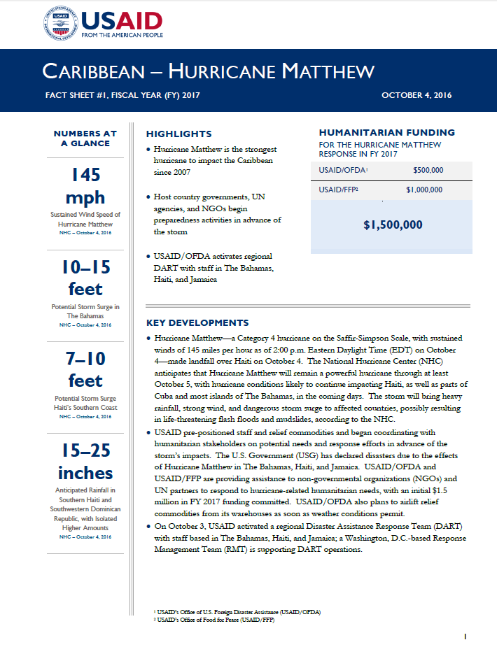 Caribbean Hurricane Matthew Fact Sheet #1 - October 4, 2016