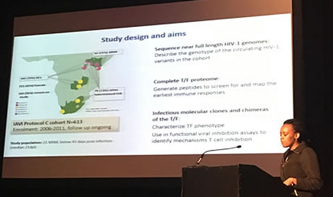 USAID-supported scientist, Gladys Macharia of IAVI, presents research at HIVR4P on men who have sex with men's vulnerability to HIV in Kenya. Credit: USAID