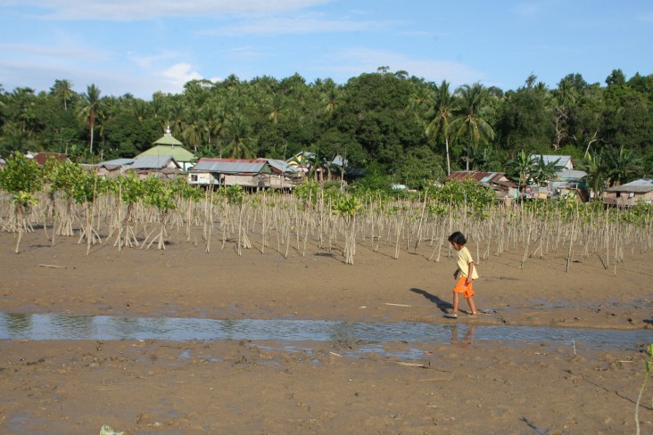 A girl running on the coastal area in Kalimantan where USAID helped replant mangroves.