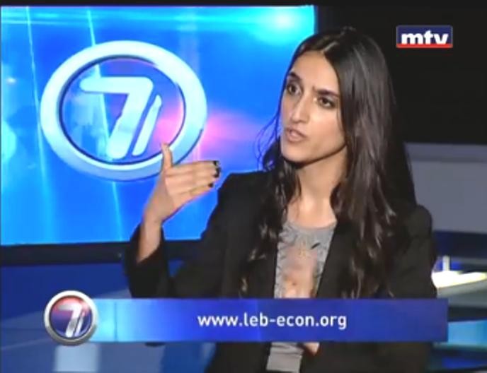 Georgina Manok, Lebanese Economic Association project manager, appears on a Lebanese television broadcast.