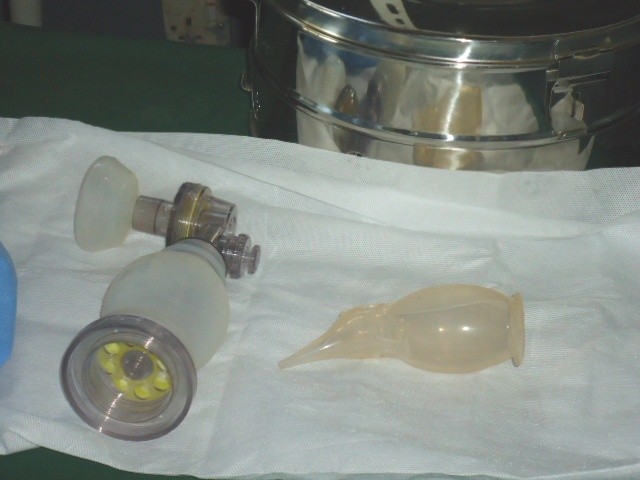 An Ambu bag, left, and a penguin sucker