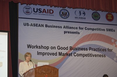 USAID Cambodia Mission Director Rebecca Black addresses workshop on good business practices for improved market competitiveness.