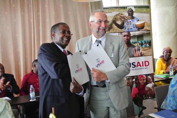 USAID West Africa Regional Mission Director, Alexandre Deprez, and the Executive Secretary of CILSS, Djime Adoum at the signing 