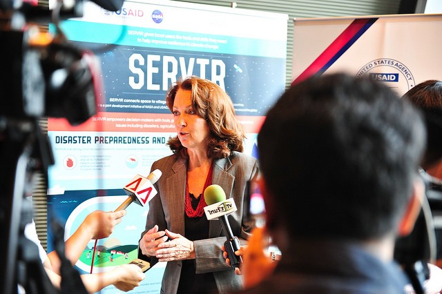 USAID/RDMA Mission Director Beth Paige addresses questions at the SERVIR-Mekong media event in Bangkok.