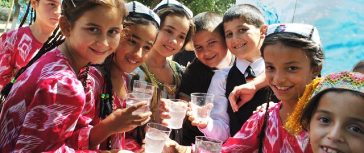 School children in Khatlon enjoy their first taste of drinking water outside their school.