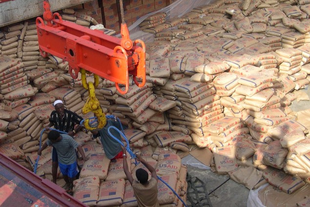 Food assistance for Ethiopia being unloaded in Djibouti. Thanks to the early warning and careful tracking of the progression of El Niño in the Horn of Africa, USAID was able to pre-position some of the relief commodities Ethiopia is now using to meet increased needs caused by El Niño. 