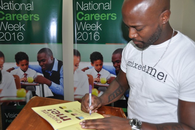 Actor and Author Taye Diggs visits the USAID Jamaica funded Biztown to launch his books, Mixed me and Chocolate Me.