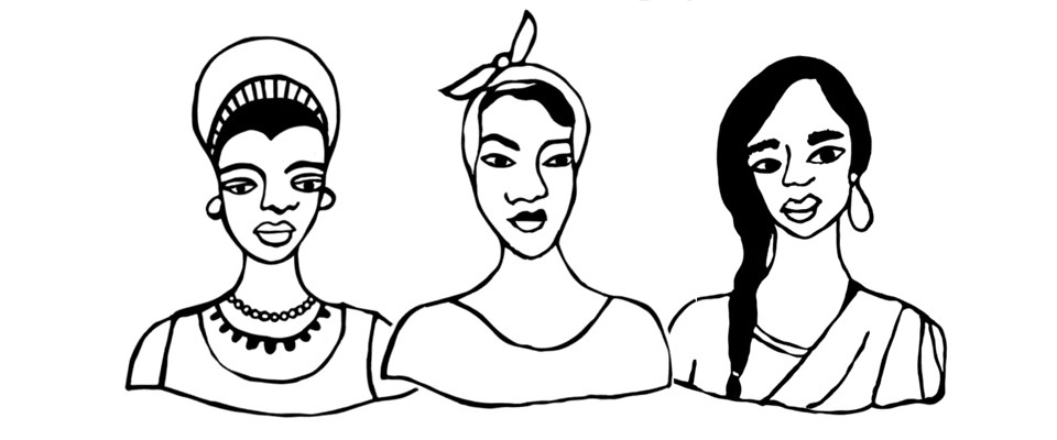 Screen capture from animated video showing three women