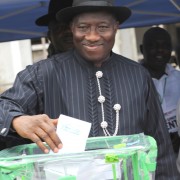 Nigerian President Goodluck Jonathan casts his vote for president in Ogbia district,  Bayelsa state,  April 16, 2011. The follow