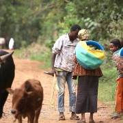 Atsede Moges, an HIV-positive woman with two children, sells fruits by the road with her daughter.