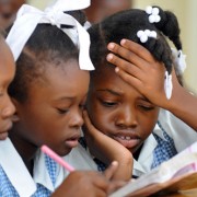 Schoolchildren concentrate at Ecole Marie Dominique Mazzarello in Port-au-Prince.