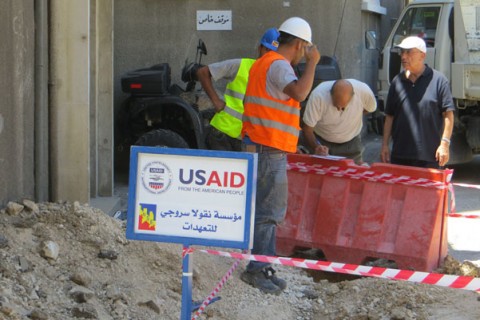 Workers rehabilitate the Midan line in Zahle, Lebanon. 